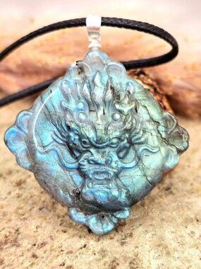 Nature Labradorite Oriental Dragon & Sun Pendant Necklace